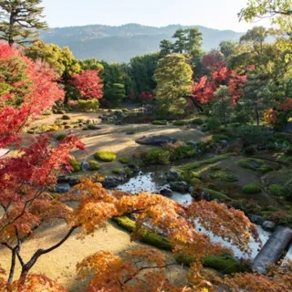 秋の東山と名勝庭園を二階から望むプライベート貸切カフェ